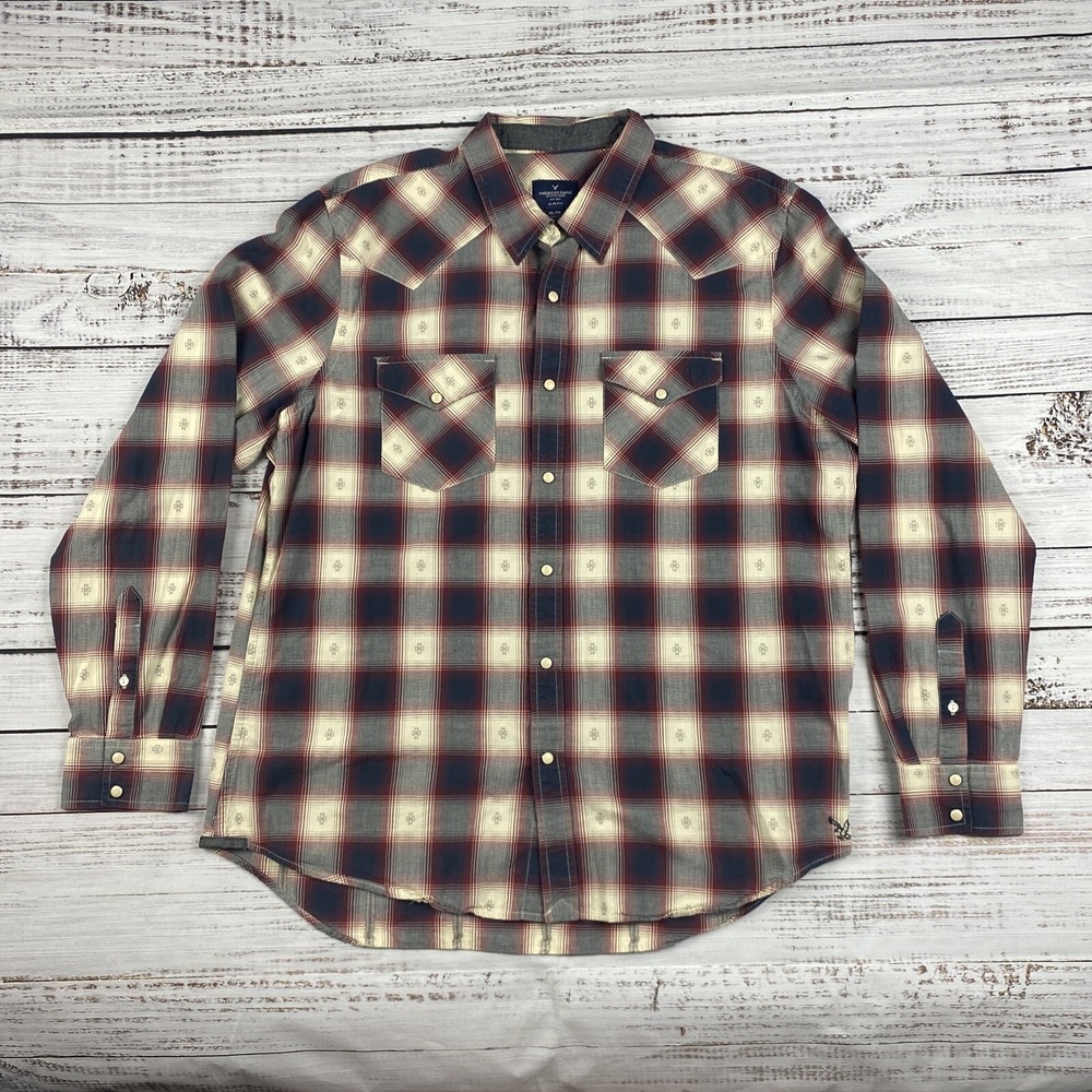 American Eagle Mens Shirt Size XL Western Pearl Snap Slim Fit Aztec Red Blue